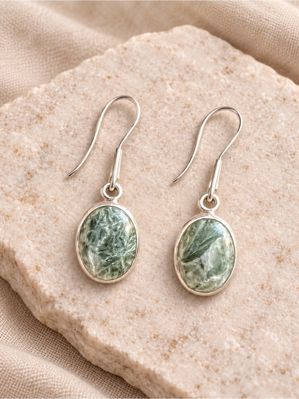 Artisan Seraphinite Oval Drop Bezel Set 925 Silver Earrings NWOT 1.5" #722